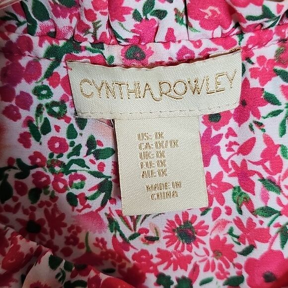 Cynthia Rowley 1X Pink and Green Floral Georgette Peasant Top Blouse - Picture 5 of 8